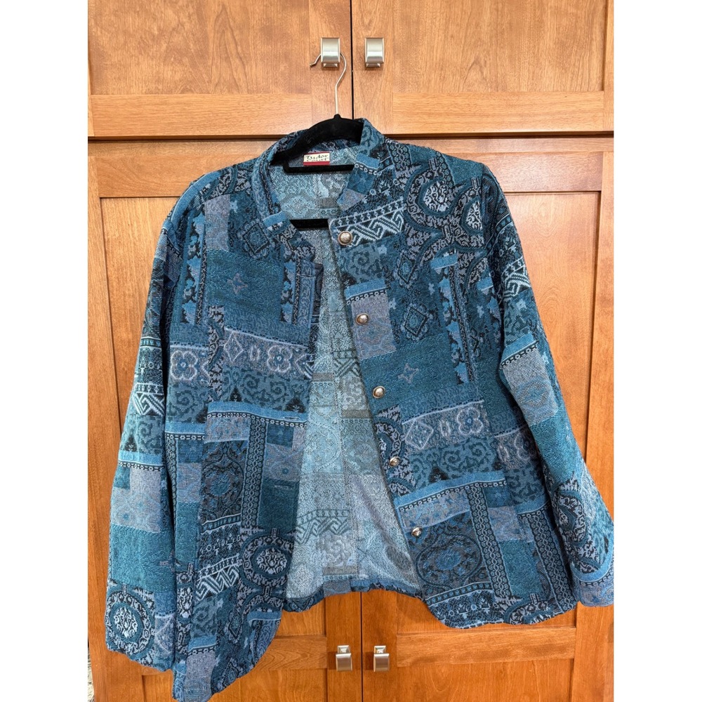 Vintage Tudor Court Tapestry Jacket Womens XL Blue Boho Statement Piece